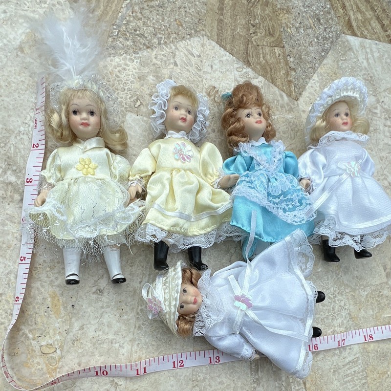 Lot of 5 Porcelain Girl Play Dolls 5in Curly Hair Lace Dresses