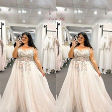 Plus Size Floral Embroidered A-Line Wedding Dress Blush Pink Tulle Bridal Gowns