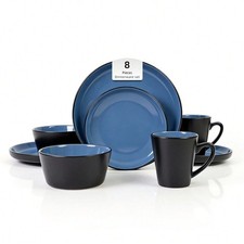 Blue and Black 8 Piece Dinnerware Set for 2 with Plates Bowls and Mugs