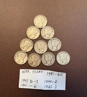 Lot of 10 War Years Mercury Dimes 90% Silver  Circulated Condition 1941D-1945.