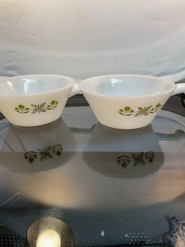 Vintage Fire King White Milk Glass Green Meadow Soup Bowl  With Handle Set of 2