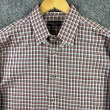 VTG CHRISTIAN DIOR Button Up Shirt Mens L 16-33 Blue Red Plaid Pockets Monsieur