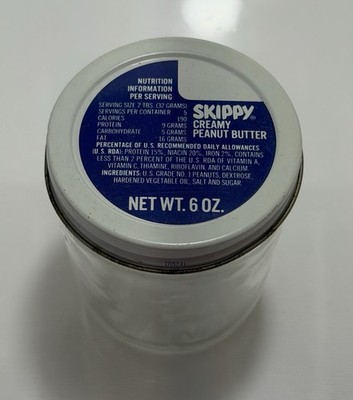 Vtg Skippy Peanut Butter 6 oz Glass Jar Metal Lid 1/4, 1/2 Cup Measuring 1980s
