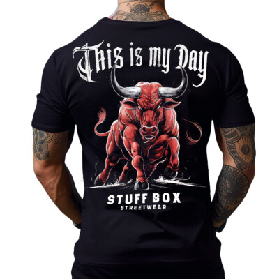 Stuff Box Herren Rundhals kurzarm T-Shirt Bull Day schwarz STB-1205 Print Shirt