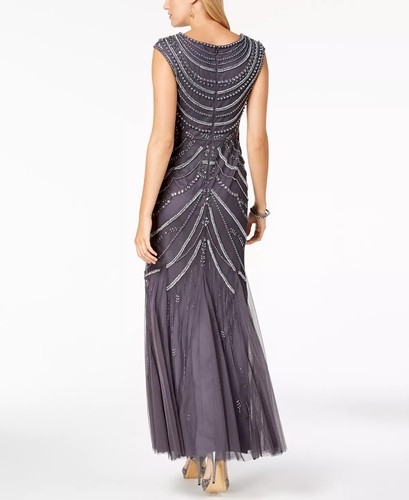 NWT $359 Adrianna Papell Beaded Mesh Gown in Gunmetal 14 - Picture 2 of 7
