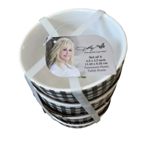 Dolly Parton Set di 4 ciotole frutta bianco e nero Gingham Check Ceramica NUOVO - Foto 2 di 4
