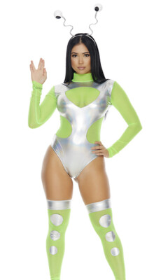 Sexy Forplay I Need Space Alien Green & Silver Bodysuit Costume 550340
