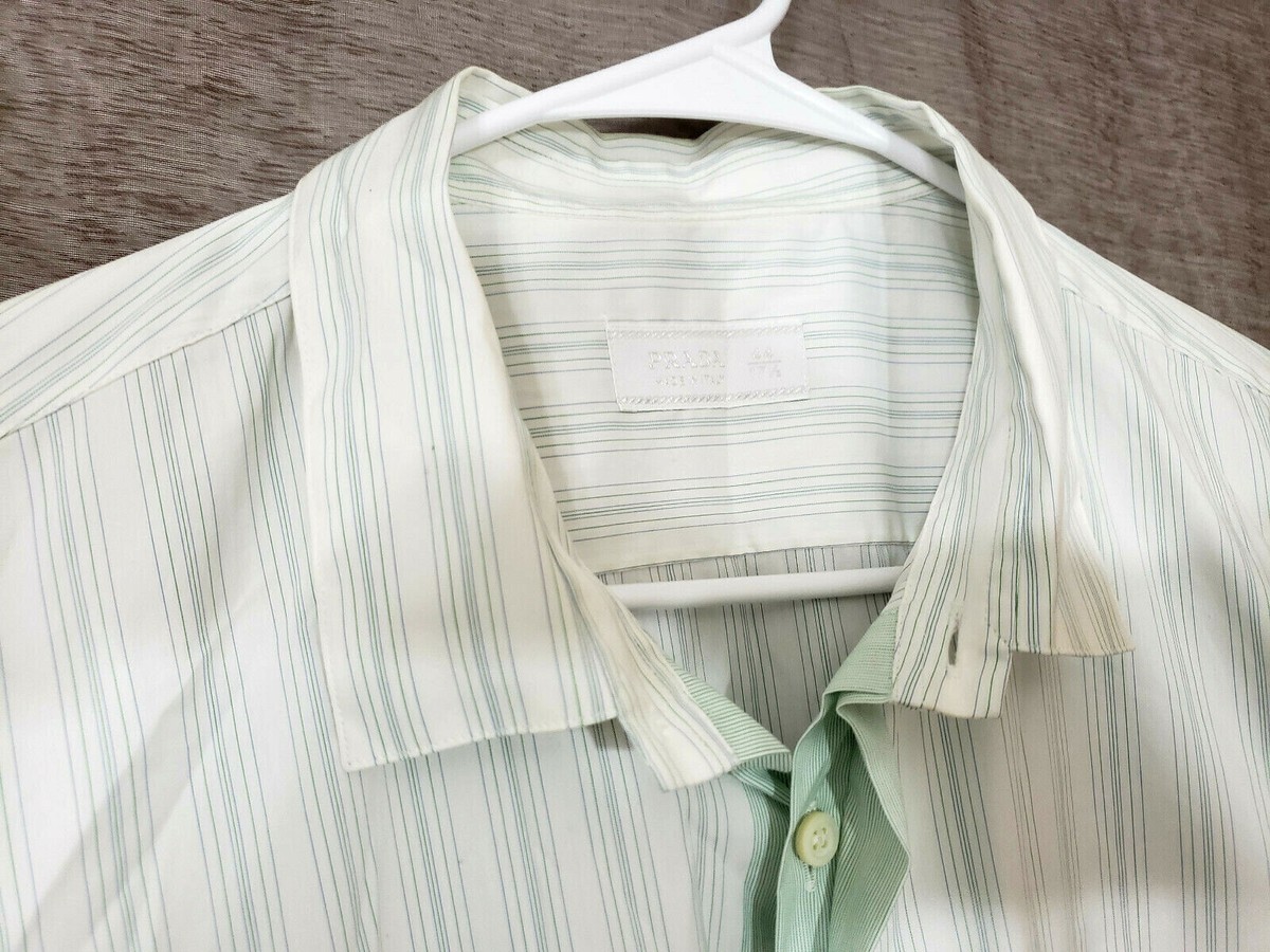 PRADA Men L/slv Dress Shirt 17 1/2-44 Light green white stripe