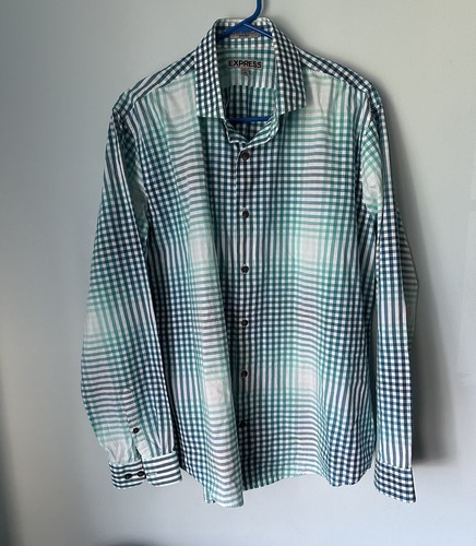 Express Mens Dress Shirt White Blue Plaid Fitted Long Sleeve Cotton XL 17-17.5 - Picture 4 of 8