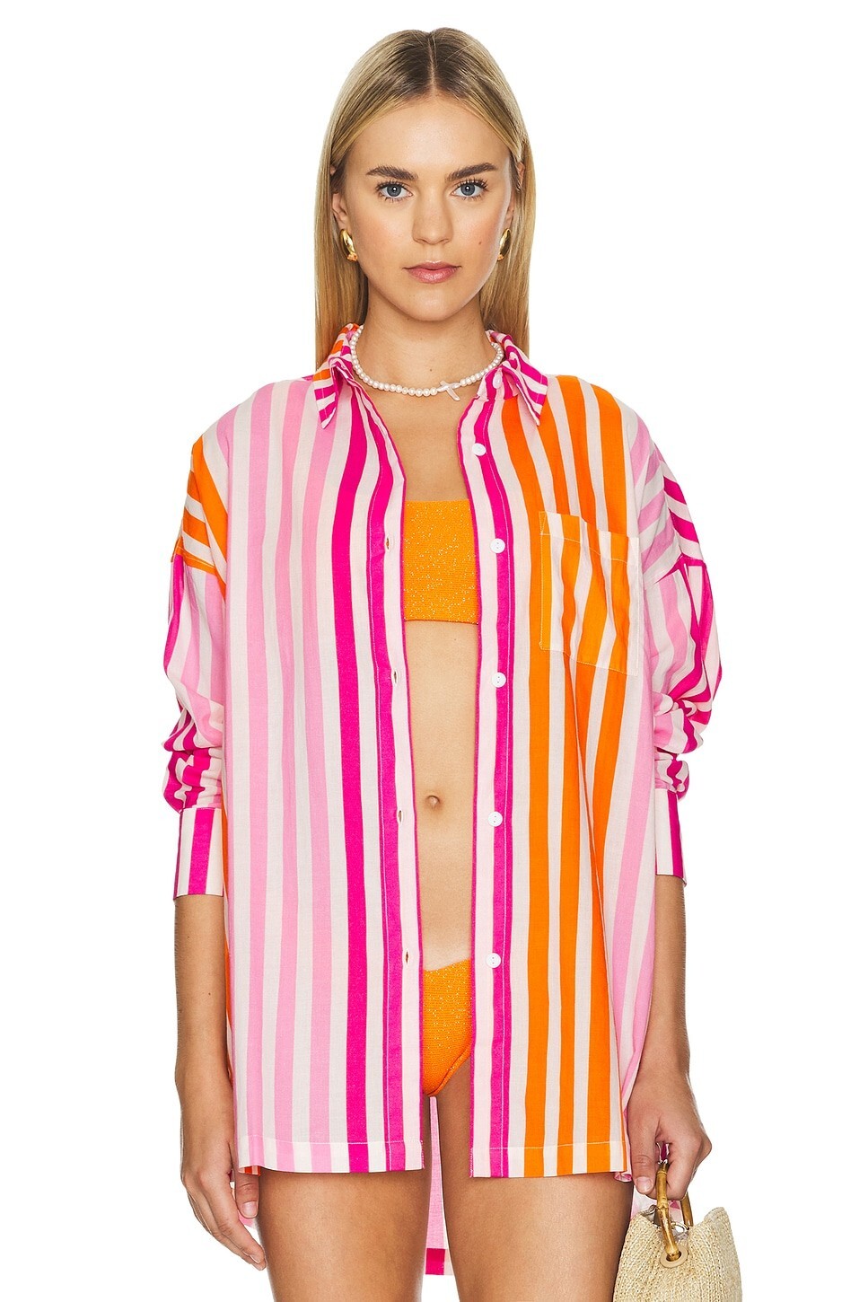 Beach Riot Pink Orange Striped Long Sleeve Cotton Resort Cover-Up Top