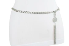Women Fashion Narrow Silver Metal Chain Belt Hip Waist Tassel Circle Size M L XL