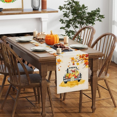 Fall Decoration Table Runner, Pumpkin Truck Maple Leaves Autumn Decor 13"x72" - Picture 3 of 7