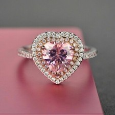 Baby Pink Heart Shaped 2Ct CZ Halo Engagement Wedding Ring 925 Sterling Silver