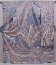 6113T12z1120 Vintage Japanese Kimono Silk FURISODE Lavender gray