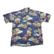 Pierre Cardin Shirt Mens L Blue Short Sleeve Button Floral Hawaiian Aloha VTG