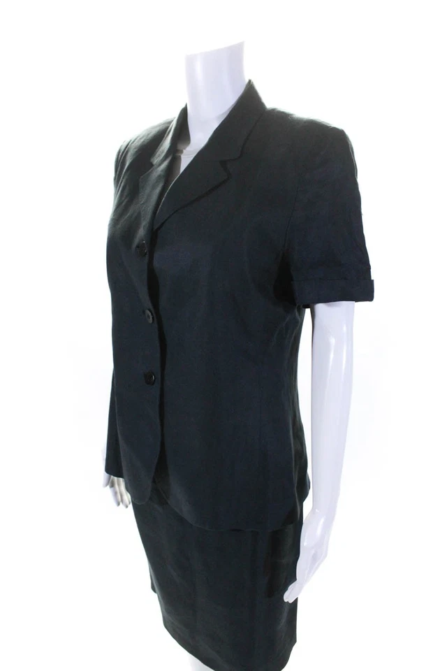 Marina Bravin Womens Navy Linen One Button Short Sleeve Blazer Skirt Set Size 42 - Image 3 of 4