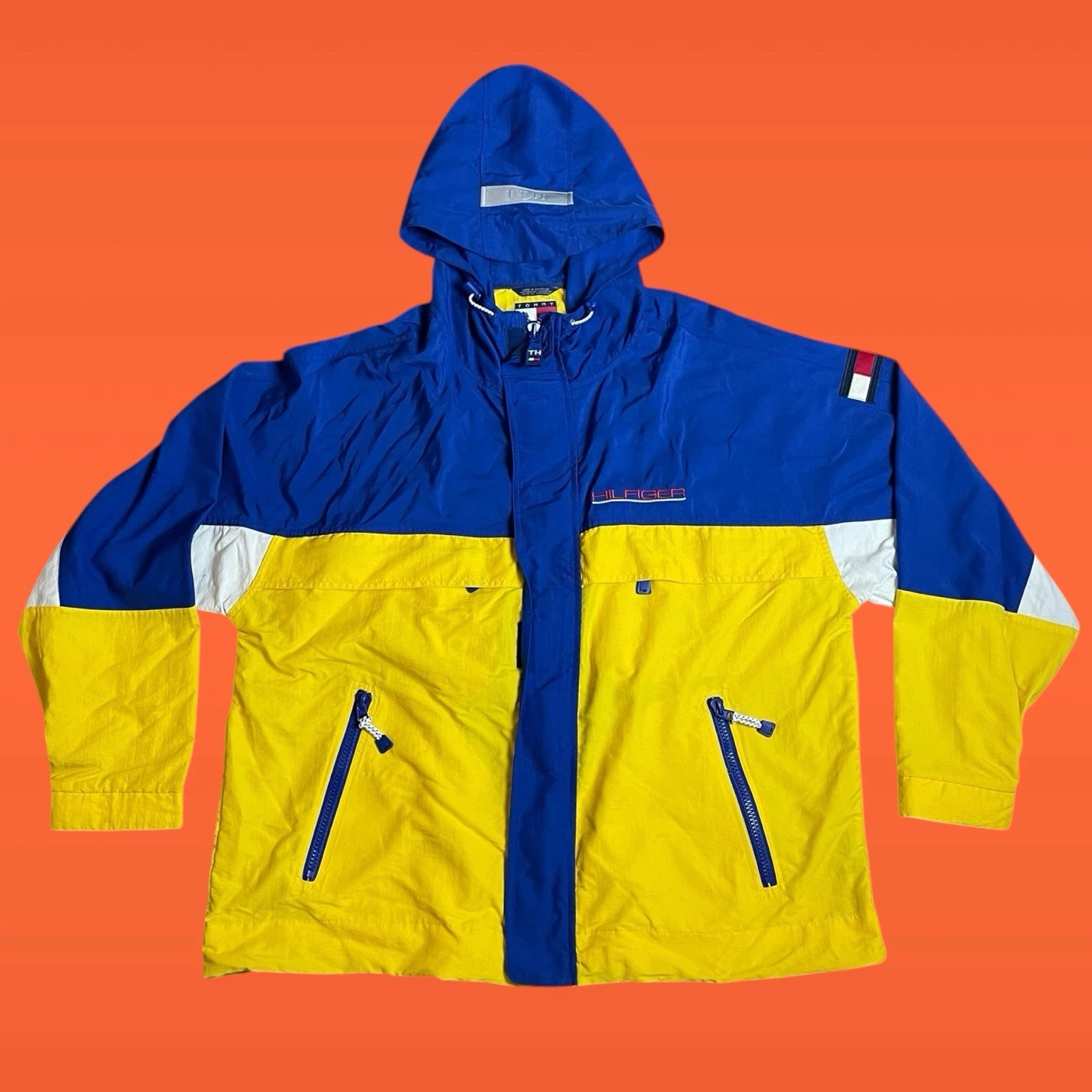 Vintage Tommy Hilfiger Yellow Nylon Rain Windbreaker Jacket XL Y2K 90s Packable