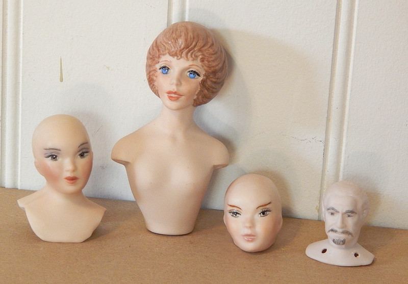 Lot of 4 Vintage Artist Made Painted Bisque/Porcelain Mini. 1"-4" Doll Heads