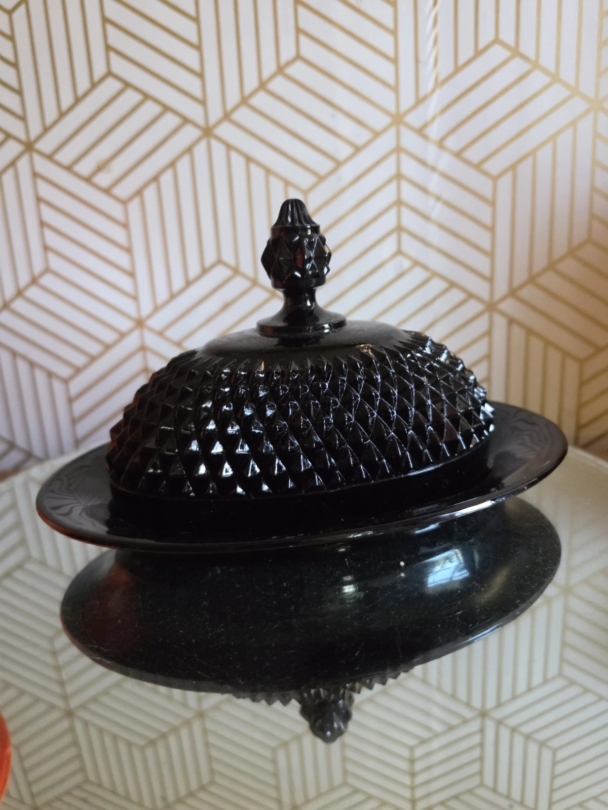 Vintage Tiara Indiana Black Diamond Point Glass Butter Keeper Dish 2 Pc EUC