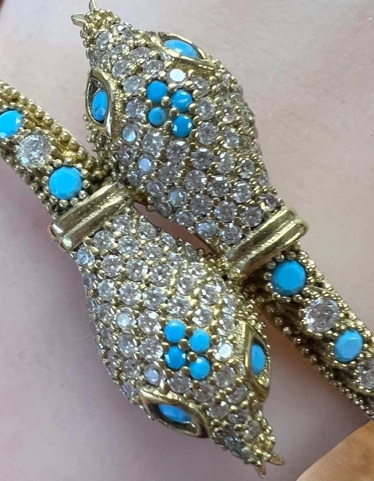 Turquoise Diamond 14K Gold on SOLID 925 Victorian Rev Snake Bracelet Genuine - Image 3 of 4