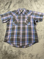 Vintage Ely Cattleman Shirt Mens Large Gray Plaid Short Sleeve Pearl Snap