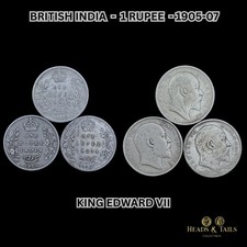 LOT OF 3 BRITISH INDIA 1 RUPEE SILVER COINS (1905, 1906, 1908) KING EDWARD VII