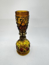 Vintage Amber Pressed Glass Mini Oil Lamp Hand Painted Folk Art 13cm Z8C1