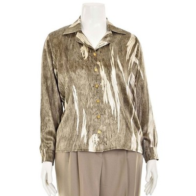Escada 100% Silk Blouse sz 8/38 DE Taupe/Cream Marble Print Button-Up Shirt Top