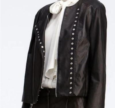 Diane von Furstenberg Real Leather Jacket with Studded Design and Open Front SZ6