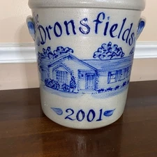 Very nice 2001 Rowe Pottery Works stoneware Crock Salt Glazed H 10" 9.75" house