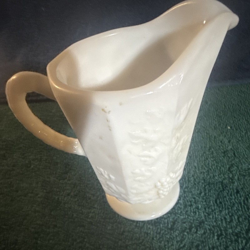 White Milk Glass Creamer Pitcher, Embossed Floral Pattern, Glossy Finish