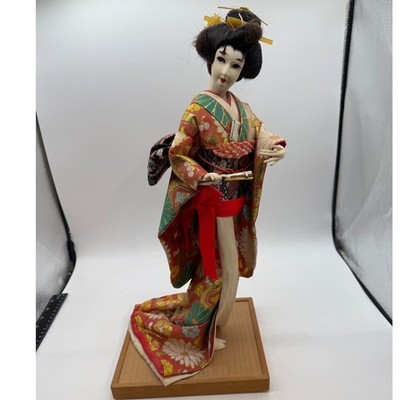 Vintage Japanese Geisha Doll Silk Kimono Hand Painted Face Wooden Base 18 Inch
