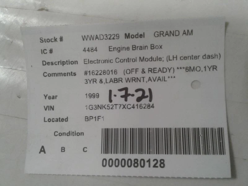 发动机 ECM 电子控制模块 左手中心仪表板 适合 99 ALERO 627996 — 第 3/3 张图片