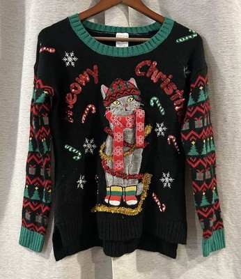 Meowy Christmas Cat Sweater Womens Size XS Festive Sequin Jingle Bells