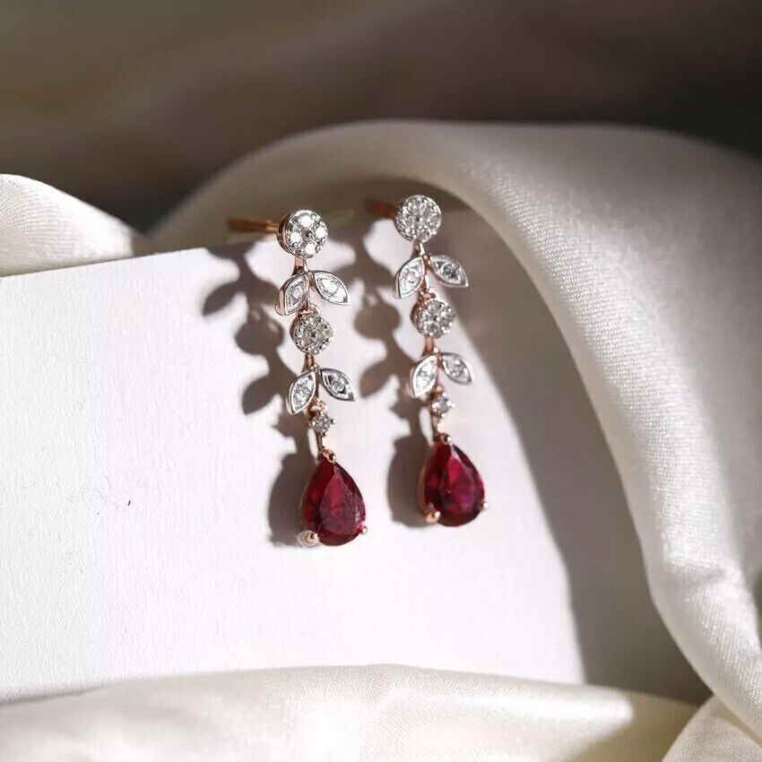2.60Ct Pear Cut Simulated Red Ruby Drop Dangle Earrings 14k