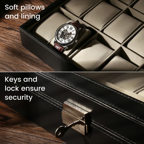 24 Slots Watch Box PU Leather Watch Case Organizer Watch Display Case Lockable - Picture 9 of 18
