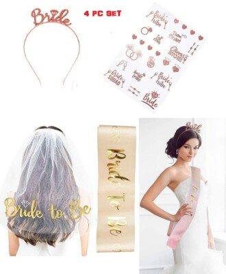 4-teiliges Set Rosegold Bride to Be Schärpe Diadem Tattoo Schleier Junggesellinnenabschied Party Accessoire