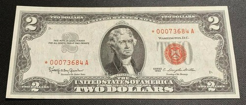 1963-A $2 Dollar Bill United States STAR Note Red Seal XF low serial number  | eBay