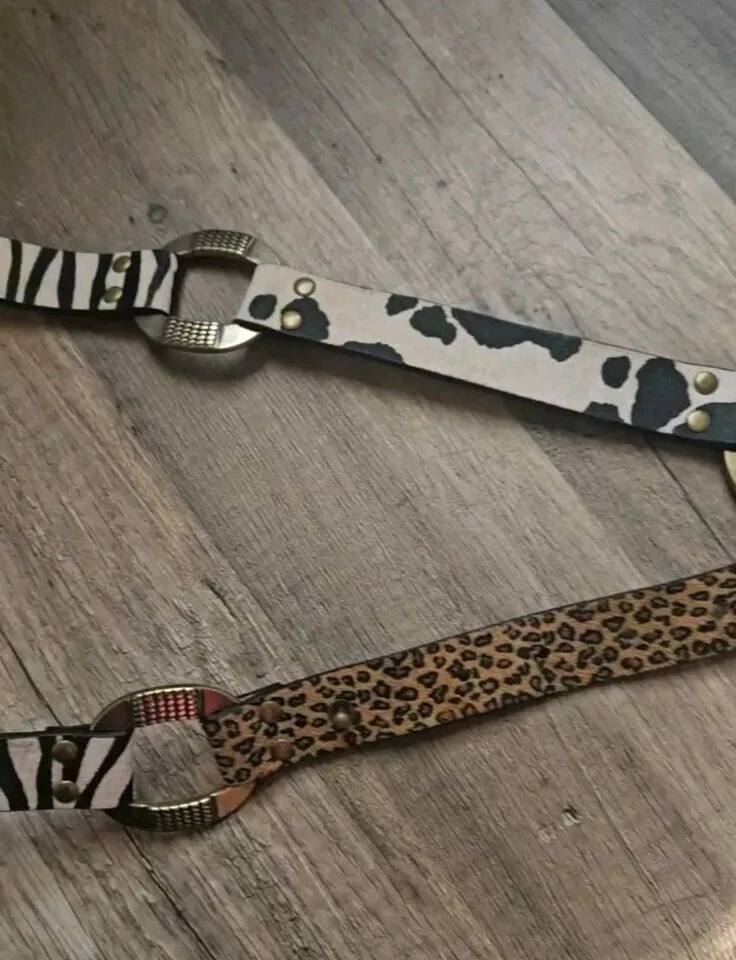 Cinto ajustável Chico's 3 animais estampa couro cabelo de bezerro concho anel de metal tamanho G - Imagem 4 de 4