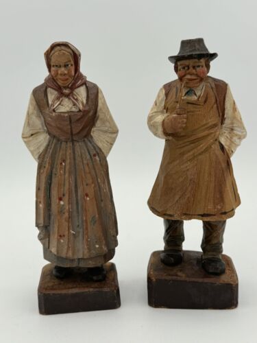 Vintage Pair of Hand Carved Old Man & Woman Anri Art Figurines Sculptures - Picture 2 of 14
