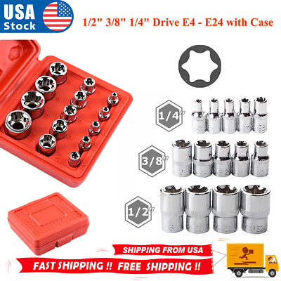 14 PCS E Torx Star Female Bit Socket Set 1/2'' 3/8'' 1/4'' Drive E4 - E24 with Case