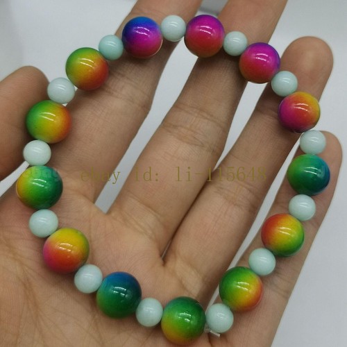 10mm Multicolor Shell Pearl & 6mm Light Green Jade Round Beads Bracelet 7.5inch - Picture 3 of 4
