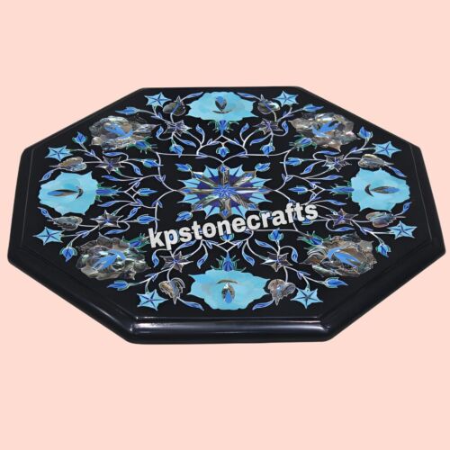 12" Display Black Marble Pietra Dura Inlay End Table Top Octagon Malachite stone - Picture 4 of 9