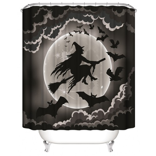 Black Witch Moon Waterproof Shower Curtain Set NonSlip Bath Mat Toilet Lid Cover - Picture 3 of 13