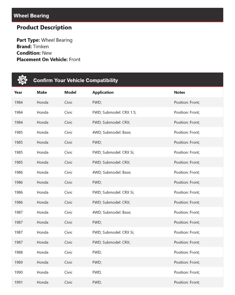 For 1984-1991 Honda Civic Wheel Bearing Front Timken 1985 1986 1987 1988 1989 - Image 2 of 4