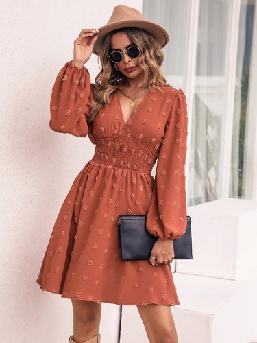 V Neck Clip Dot Shirred Waist Long Sleeve Dress Above Knee Length - Bild 25 von 27