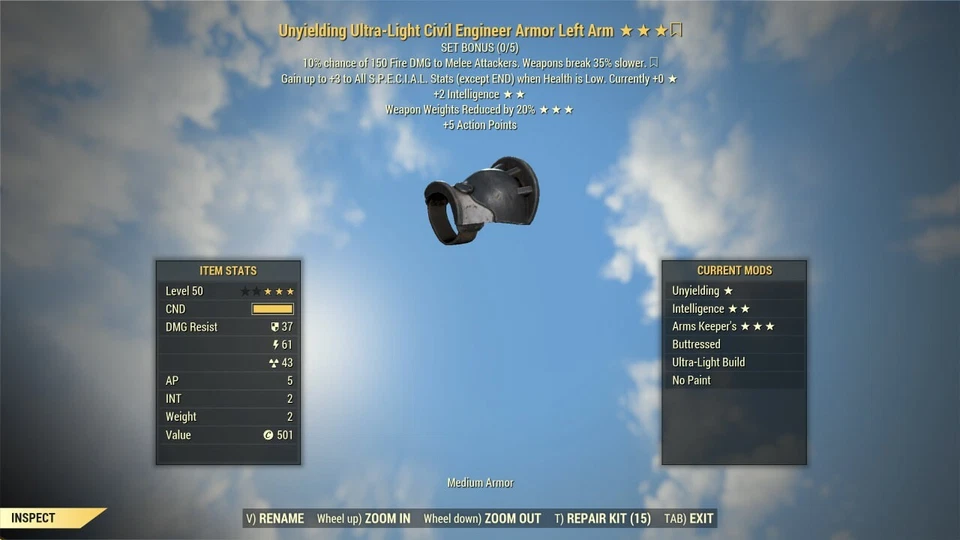 FALLOUT 76 [PC] CIVIL ENGINEER ARMOR SET UNYIELDING +10 INT WEAPON WEIGHT REDUCI - Image 3 of 4