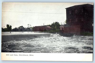 c1907 Mill & Dam Water Falls River Building View Hutchinson Minnesota Postcard
