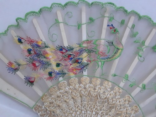 Vintage Peacock Sewn Frilled Hand Fan Stitched Embroidered with Tassel - Picture 8 of 15