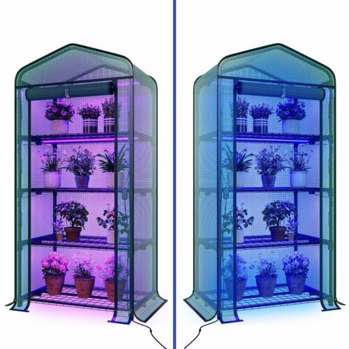Portable Mini Greenhouse Indoor Outdoor with 4 Tier Storage Shelf & LED Lights - Picture 11 of 11
